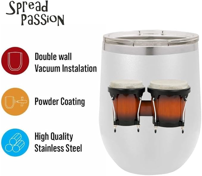 Bongos Wine Tumbler, Bongos Gift, 12oz Stainless Steel Wine Tumbler, Gifts For Him, For Her, For Boys, For Girls, Birthday, Christmas Gift idea (White)