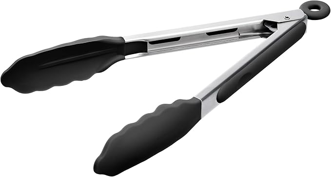 Doosu Kitchen Tongs for Cooking - 600째F Heat Resistant Food Tong with Non-Scratch Silicone Tips, Heavy Duty Stainless Steel Locking Tong for BBQ, Grilling Steak, Serving Salad, Pasta (9in, Black)