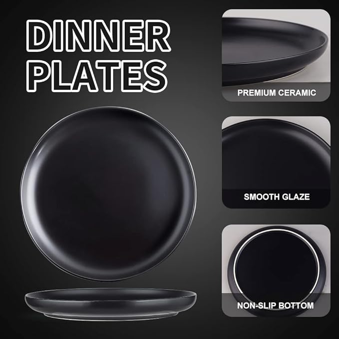 KOOV Ceramic Dinner Plates Set of 6, 10.25 Inch Large Porcelain Plates for Salad, Pasta, Kitchen Serving Dish, Reactive Glazed (Matte Black)