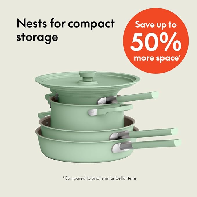 bella 9 Piece Ceramic Nonstick Cookware Set, Fits-anywhere??Kitchenware w EverGood??Coating, Dishwasher & Oven Safe, All Stovetops Compatible, Stackable Design, Cool Touch Handles, Seaglass