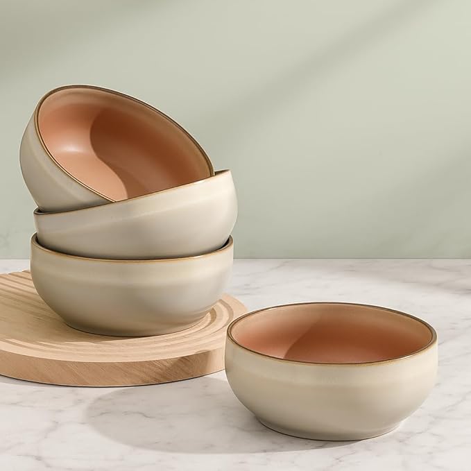 Ceramic Cereal Bowls Set of 4-21 oz Stoneware Bowls for Soup, Salad, Dessert or Ice Cream - Stackable, Dishwasher & Microwave Safe, Small Rustic Bowls for Kitchen -Terracotta/Reactive Glaze