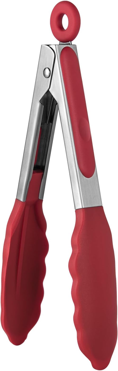 600쨘F Heat Resistant Kitchen Tong: U-Taste 7 inch Silicone Cooking Tong with Firm Sealed Non Stick Rubber Tips & Silicon Coated 18/8 Stainless Steel Handle & Smooth Locking for Serving Salad (Red)