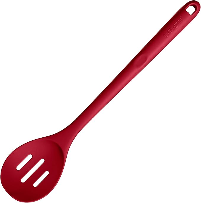 600쨘F Heat Resistant Slotted Spoon: U-Taste 13.3in Solid Kitchen Cooking Spoon, Nonstick Food Grade Large & Long Rubber Utensil for Mixing, Serving, Stirring, Basting, Frying, Draining (Red)