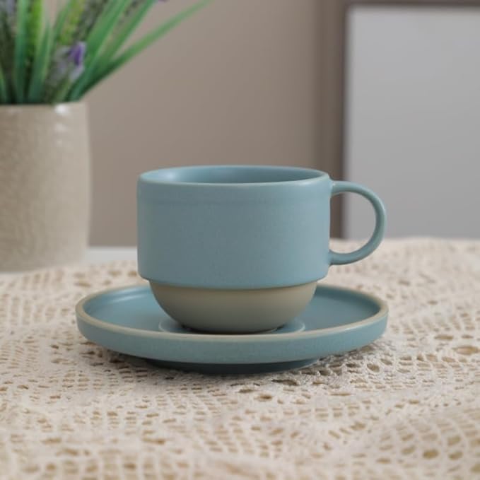 8oz Minimalist Handmade Ceramic Cappuccino Barista Cup with Saucer ??Artisanal Stoneware Espresso Coffee Mug, Lead-Free Latte Art Mug竊똇andmade Pottery tea mug or tea cup (Matte Light Blue)