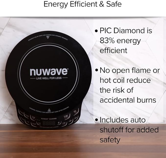 Nuwave Diamond Induction Cooktop, New & Improved Electric Burner with Probe, 91 Temps 50째F to 500째F, 6.5??Heating Coil, Shatter-Proof Ceramic Glass, 3 Wattage Settings, Ideal for Dorms, RVs & Apts