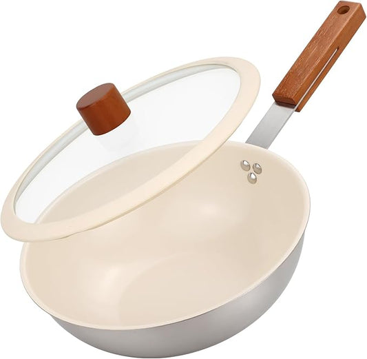 MARSKITOP Ceramic Wok with Lid, 9.5 Inch Stainless Steel Nonstick Stir Fry Pan with Wooden Handle, Compatible with All Stovetops, PFAS Free
