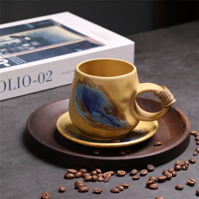 Small 8oz Unique Vintage Retro Japanese Handmade Ceramic Cappuccino Barista Cup with Saucer, Coffee Cup and Saucer, Artisanal Stoneware Coffee Mug, Lead-Free Latte Art Mug (1, Light brown)