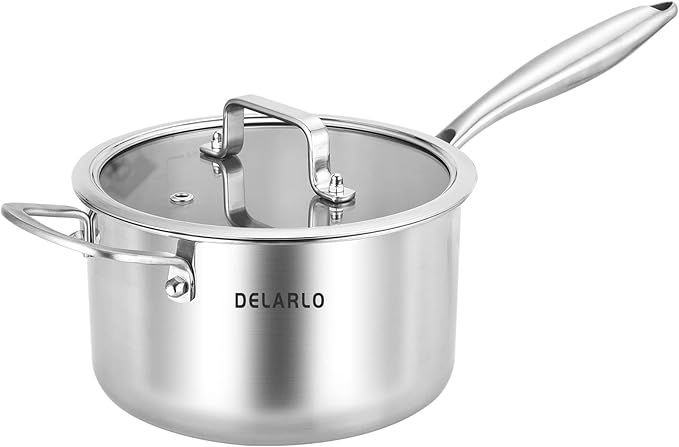 DELARLO Tri-Ply Stainless Steel Saucepan, 3.5 QT Saucepan with Lid, All Stove Compatible 600?? Induction Sauce Pot, Heavy Duty Saucier, Dishwasher Safe Saucepan, Induction Pot 3.5 Quart, Even Heat