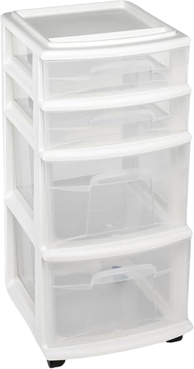 HOMZ Drawer Tower, 4-Tier Clear Plastic Storage Organizer Cart, White Frame ??Rolling Containers with Wheels for Bathroom, Bedroom, Office, and Classroom Organization