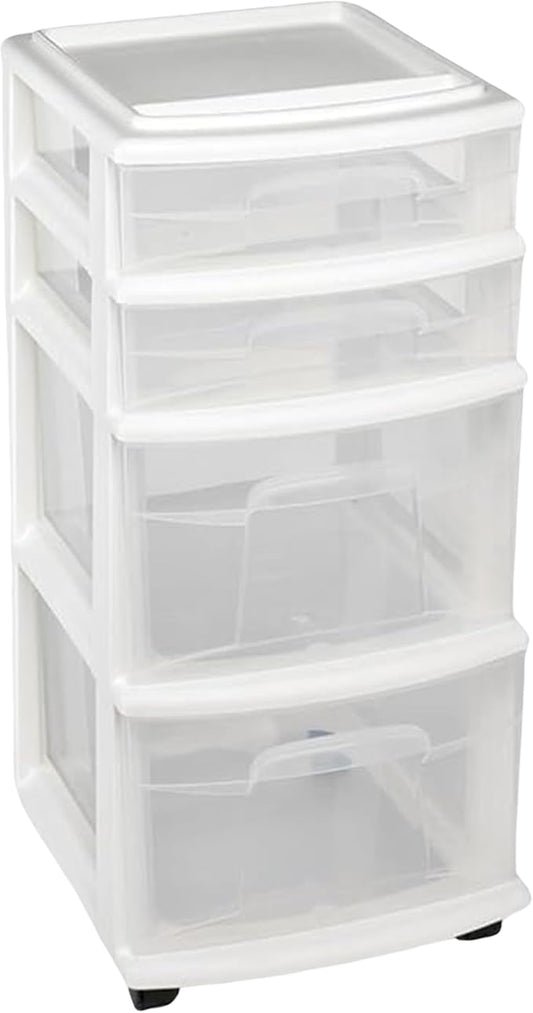 HOMZ Drawer Tower, 4-Tier Clear Plastic Storage Organizer Cart, White Frame ??Rolling Containers with Wheels for Bathroom, Bedroom, Office, and Classroom Organization