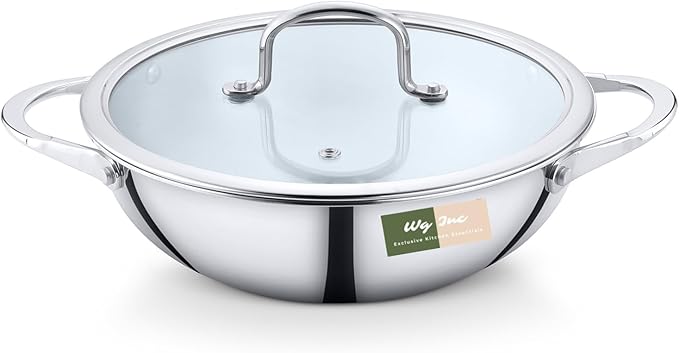 Stainless Steel Wok with Lid, 4.75 Qt / 4.5 L, All Clad Tri-ply Kadhai, 11.80 Inch Pan for Stir-Frying, Stews, Sauces, Deep Saute, Large Triply wok cookware, Trasparent Cover, Induction Compatible