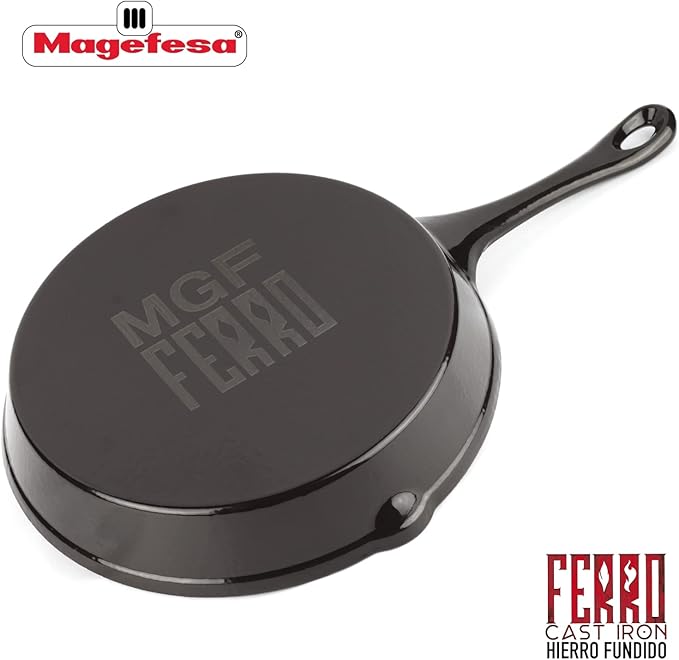 MAGEFESA FERRO 10" Enameled Cast Iron Black Skillet, Superior Heat Retention & Distribution, Compatible with All Cooktops, Induction & Oven Safe, Energy-Efficient, Durable, Easy to Clean
