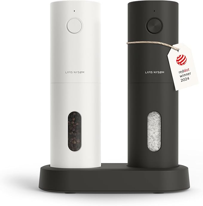 LARS NYS횠M Electric Salt and Pepper Grinder Set, USB Rechargeable, Automatic Salt and Pepper Mills, Spice Shakers Refillable with LED Light, Adjustable Coarseness, Ceramic Grinder (Black/White)