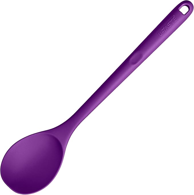 600쨘F Heat Resistant Silicone Spoon: U-Taste 13.3in Solid Kitchen Cooking Spoon, Nonstick Food Grade Large & Long Soup Rubber Utensil for Mixing, Serving, Stirring, Basting, for Pot Cookware (Purple)
