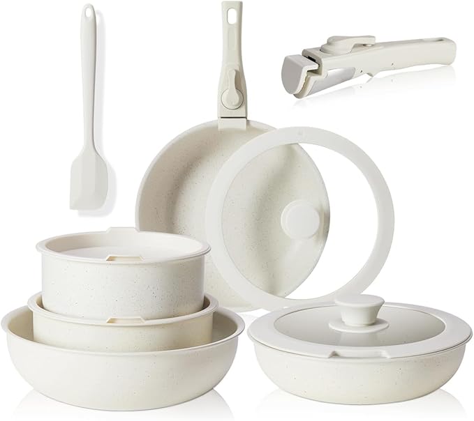 12 Pcs Pots and Pans Set, Nonstick Kitchen Cookware Sets Detachable Handle, Induction Healthy Non Stick RV Cookware, Dishwasher 竊?Oven Safe, Beige