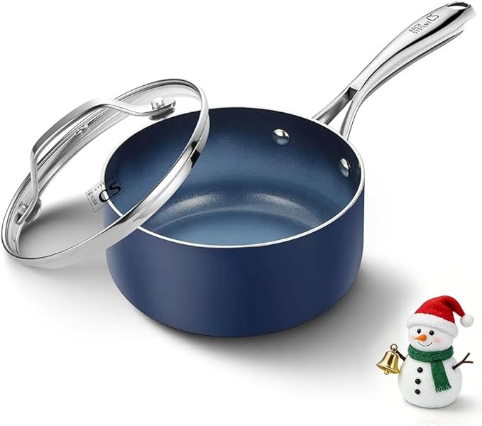 KOCH SYSTEME CS Nonstick Sauce Pan with Lid, 1 Quart Saucepan with Lid, 1 QT Nonstick Ceramic Small Sauce Pan with Stainless Steel Handle, Non-Toxic Ceramic Saucepan, Oven Safe, Gradient Blue