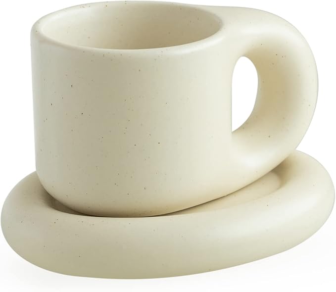 WENSHUO Chubby Funny Coffee Mug, Novelty Cute Cup and Saucer, Matte Cr챔me, 9 oz (Matte Cr챔me)