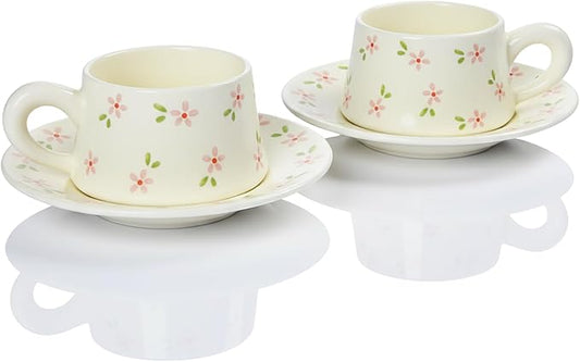 Tea Cup and Saucers, 9.5 oz Floral Tea Cups, Porcelain Teacup, Coffee Cappuccino Espresso Latte Mugs, Floral Design for Party Birthday Cafe Home, Christmas Gifting, flowers Set of 2
