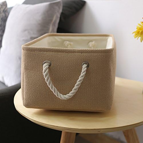 TheWarmHome Decorative Basket Rectangular Small Storage Basket Fabric Storage Bin Organizer Basket with Handles for Clothes Storage (Beige, 11.8L횞7.9W횞5.2H inch)