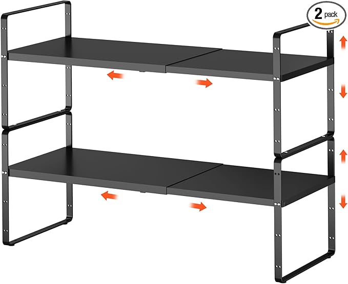 2Pack 16.5-27?쇺셂 Expandable Cabinet Shelf Organizers, Stackable Metal Shelves Extender for Kitchen Countertop Storage, Adjustable Spices Shelves Rack Stand for Cupboard Pantry, Black