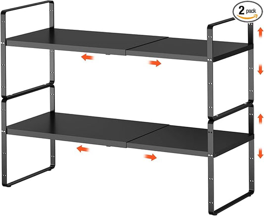 2Pack 16.5-27?쇺셂 Expandable Cabinet Shelf Organizers, Stackable Metal Shelves Extender for Kitchen Countertop Storage, Adjustable Spices Shelves Rack Stand for Cupboard Pantry, Black