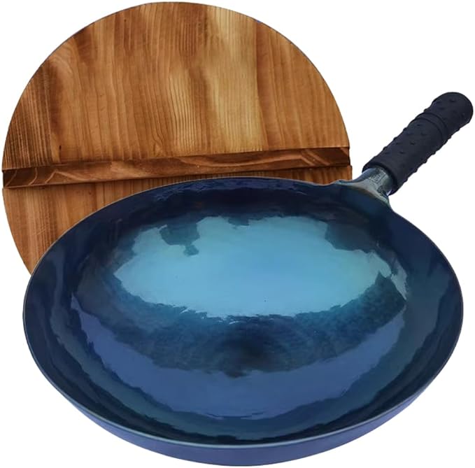 iron wok with lid,12.6 inch woks & stir-fry pans nonstick,chinese traditional pans for open fire,large cookwares,cooking,bbq,grill,camping,blue pre-seasoned round bottom wok (32cm)