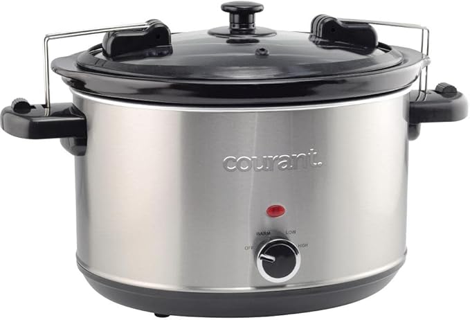 Courant 6-Quart Slow Cooker with Locking Lid, Warm Settings, Stainproof Stoneware Pots and Glass Lids ??Stainless Steel