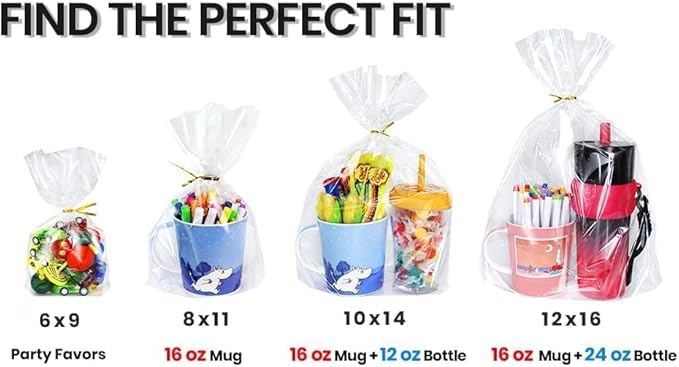 PigPotParty Cellophane Bags, Clear Gift Bags, Bottom Gusset for Stand-Up Display, Plastic Cellophane Gift Wrap, Ideal for Goodies, Treats, Party Favors, Mugs, Includes Ties (10x14, 50 Pack)