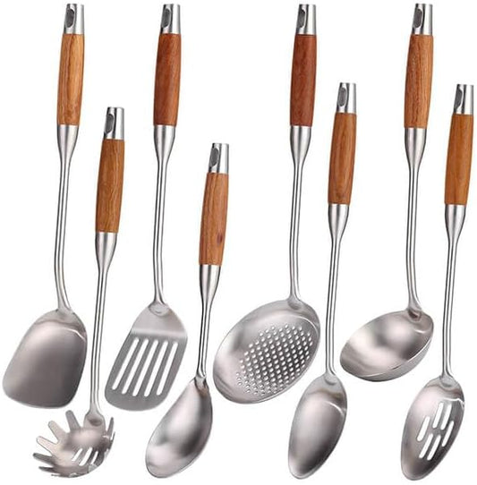 18/10 Stainless Steel Kitchen Utensils Set with Wood Handle - 15?쒶etal Cooking Tools & Serving Utensil, 8-Pieces Cooking Spoons Set - Spatula, Ladle, Skimmer, Turner, Pasta, Solid Spoon, Slotted Spoon
