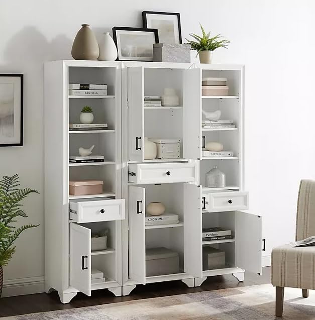 3-Piece Kitchen Storage Cabinet Set, Tall Pantry with Shelves and Drawers, Modern Farmhouse Style, (Distressed White)
