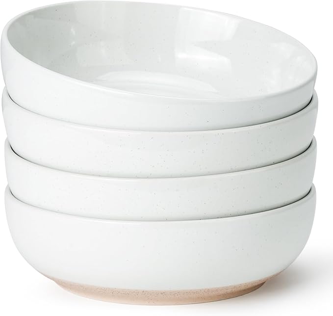 Pasta Bowls Set of 4, 34oz Speckled Ceramic Bowls Set for Serving Salad, Pasta, Soup, Dinner, 8" Wide and Deep Bowls, Dishwasher & Microwave Safe, Matte Terracotta Base (Pure White)