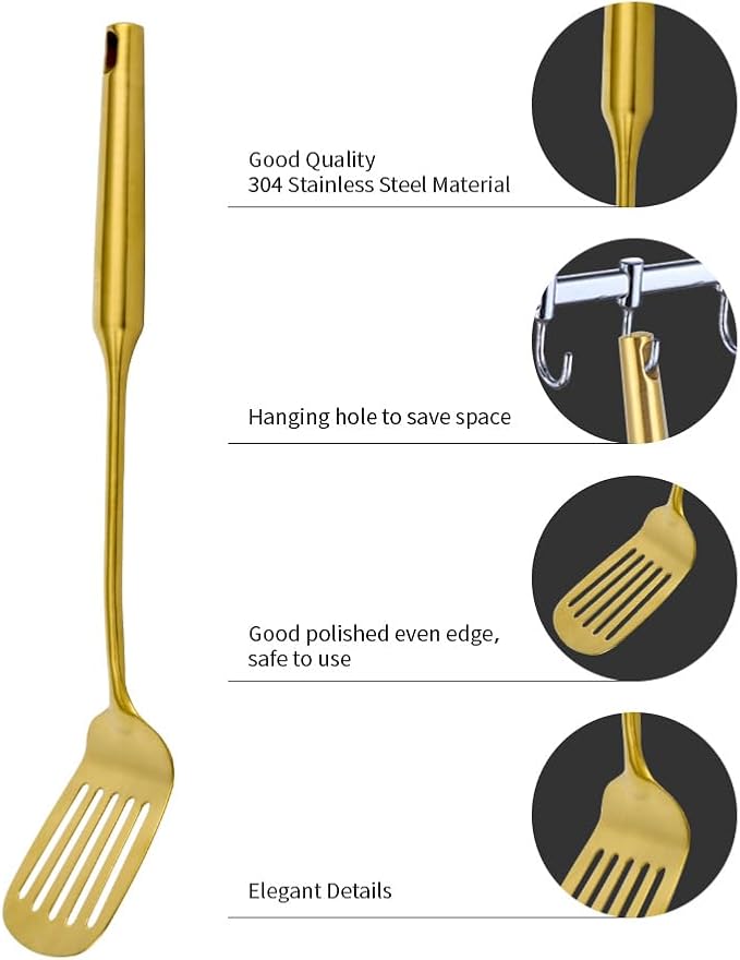 Gold 304 Stainless Steel Kitchen Utensils Set, VALESKA 6 PCS Metal Cooking Utensils Set, metal spoon,Wok Spatula, Ladle, Skimmer Slotted Spoon, Serving Large Spoon, Slotted Spatula Tunner