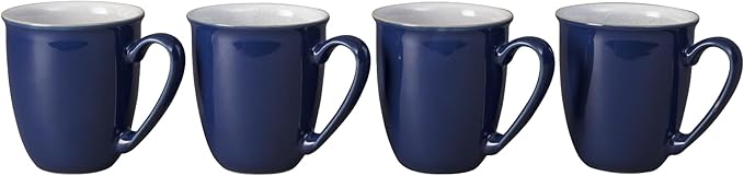 Denby - Elements Dark Blue Large Coffee Mug Set of 4-11.15 Ounce Stoneware Tea Cup Mug Set For Office & Home - Dishwasher Safe, Microwave Safe - Ceramic Tea Cups With Blue White Glaze, Chip Resistant