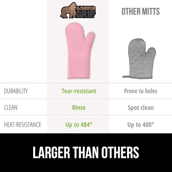 GORILLA GRIP BPA-Free Soft Silicone Oven Mitts, 14.5x8.3, Heat Resistant and Waterproof Cooking Gloves, Thick Cotton Lining, Flexible Gripping for Baking Grilling, Kitchen Potholders Set of 2, Pink
