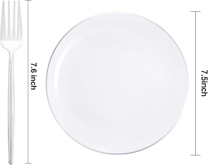 Rubtlamp 100Pcs Plastic Dessert Plates 7.5inch,100Pcs Disposable Silver Forks,White Plastic Plates With Silver Rim, Small Plastic Plates,Dessert Plates With Forks for Appetizer Cake