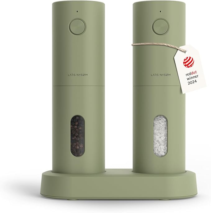 LARS NYS횠M Electric Salt and Pepper Grinder Set, USB Rechargeable, Automatic Salt and Pepper Mills, Spice Shakers Refillable with LED Light, Adjustable Coarseness, Ceramic Grinder (Sage Green)