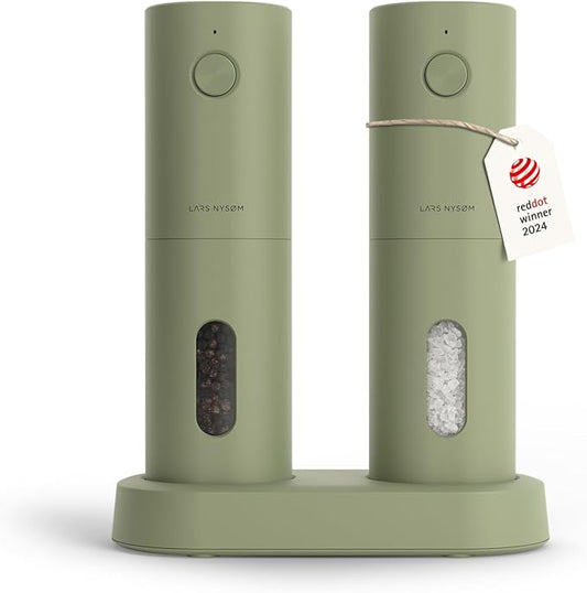 LARS NYS횠M Electric Salt and Pepper Grinder Set, USB Rechargeable, Automatic Salt and Pepper Mills, Spice Shakers Refillable with LED Light, Adjustable Coarseness, Ceramic Grinder (Sage Green)