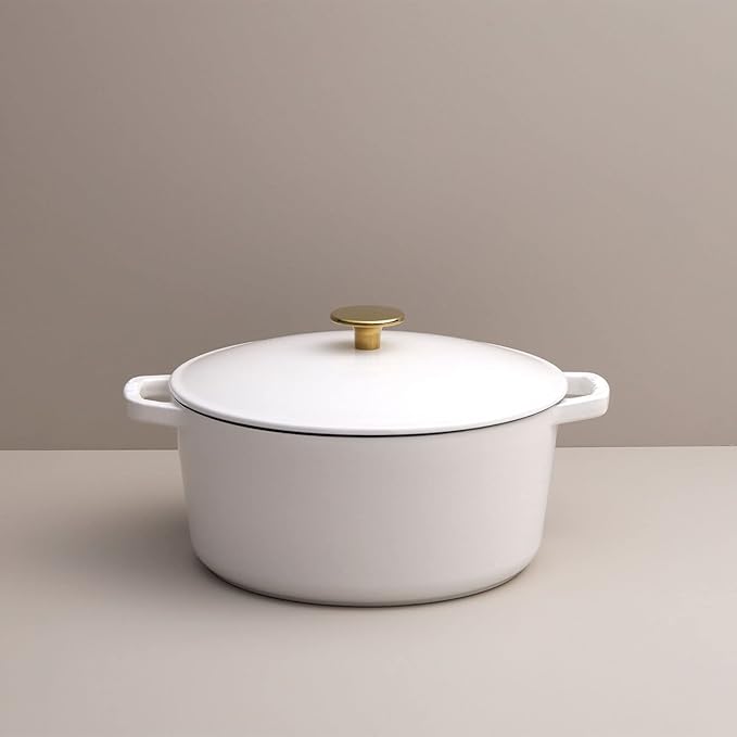 Milo by Kana 5.5-quart Enameled Cast Iron Dutch Oven with Lid | Premium Casserole Cooking Pot | Enamel Coating Inside and Out | Oven Safe and Dishwasher Friendly (White with Gold Knob)