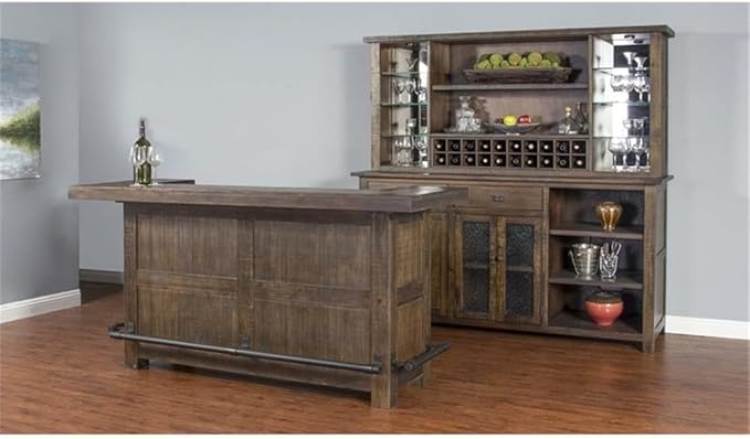 Home Bar and Storage Buffet Cabinet with Hutch in Tobacco Leaf 2 Piece Set