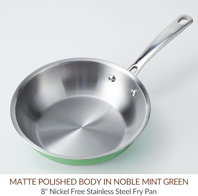 HOMICHEF 8 Inch Mint Green Nickel Free Stainless Steel Fry Pan - Non Toxic No Coating Induction Skillet - Small Frying Pan for Solo Meals with Stay Cool Handle