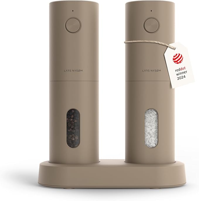 LARS NYS횠M Electric Salt and Pepper Grinder Set, USB Rechargeable, Automatic Salt and Pepper Mills, Spice Shakers Refillable with LED Light, Adjustable Coarseness, Ceramic Grinder (Taupe Brown)