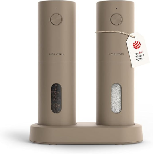 LARS NYS횠M Electric Salt and Pepper Grinder Set, USB Rechargeable, Automatic Salt and Pepper Mills, Spice Shakers Refillable with LED Light, Adjustable Coarseness, Ceramic Grinder (Taupe Brown)