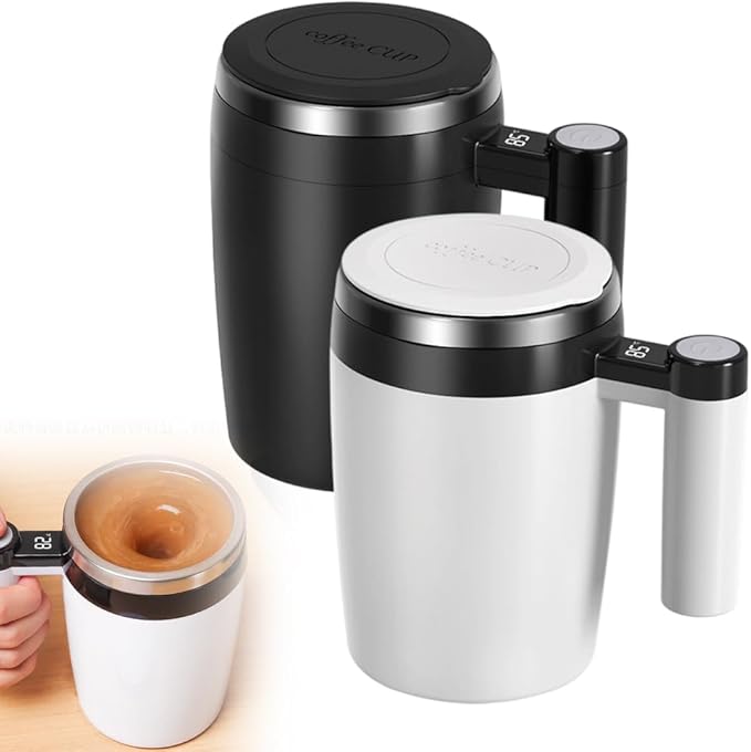 Electric Magnetic Stirring Coffee Mug, 2026 New Automatic Stirring Coffee Cup with Temperature Display, 12.85oz Self-Stirring Mug with Lid Suitable for Coffee, Milk (Black + White)
