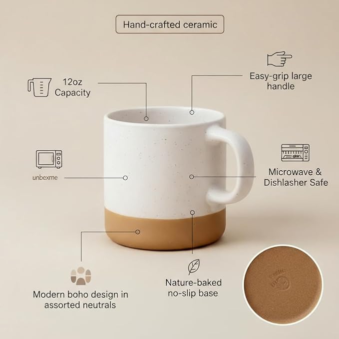 Unboxme Givenne Ceramic Latte Coffee Mug Set, 12 oz (Set of 4) ??Microwave & Dishwasher Safe, Large Handles, Modern Boho Neutral Colors