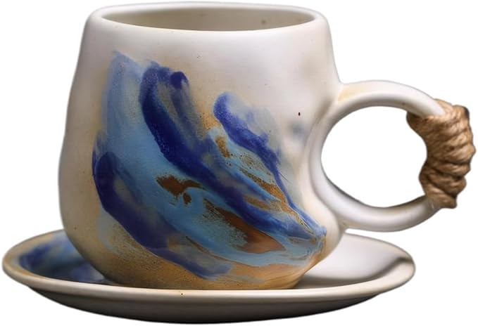 Small 8oz Unique Vintage Retro Japanese Handmade Ceramic Cappuccino Barista Cup with Saucer ??Artisanal Stoneware Coffee Mug,Handmade Pottery tea mug mor tea cup,Lead-Free Latte Art Mug, (1, White)