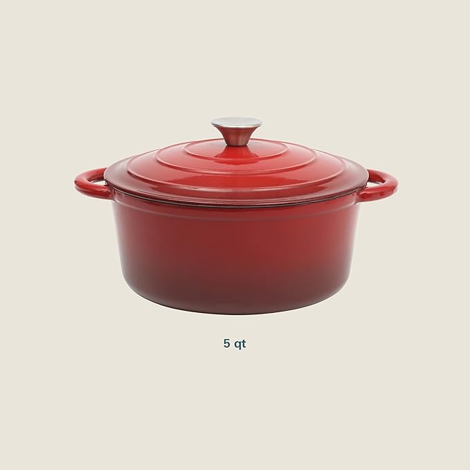 Gibson Home Addlestone 5-Quart Red Enamel Cast Iron Dutch Oven with Lid and Dual Handles ??Durable Round Cooking Pot