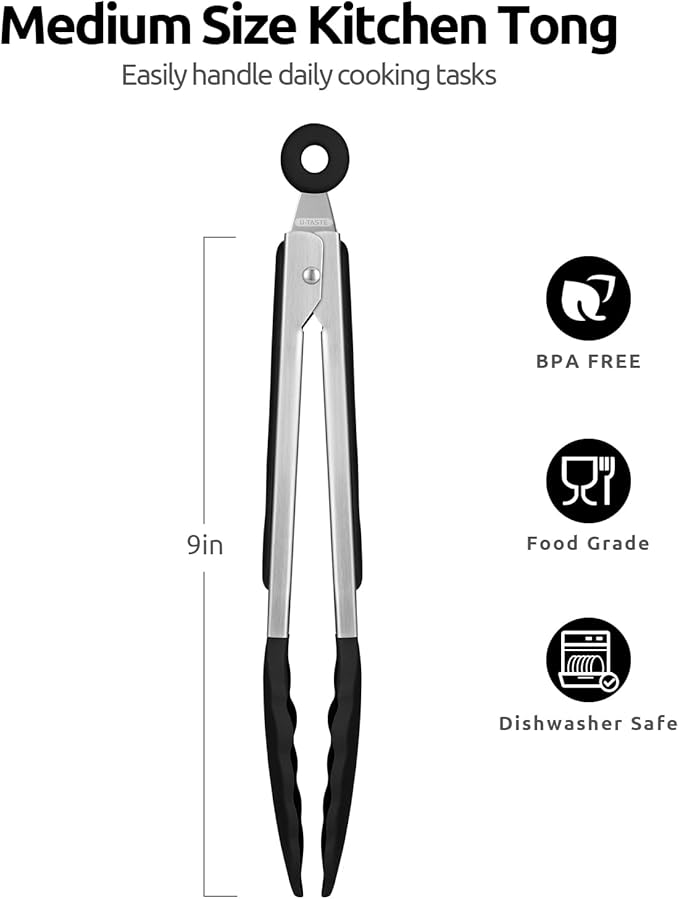 600쨘F Heat Resistant Kitchen Tongs: U-Taste 9 inch Silicone Cooking Tong with Firm Sealed Non Stick Rubber Tips & Silicon Coated 18/8 Stainless Steel Handle & Smooth Locking for Serving Salad (Black)
