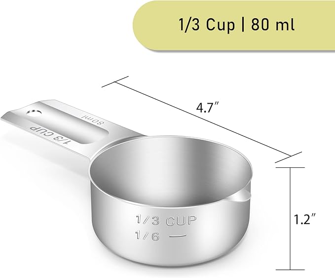 BERYLER 2PCS 1/3Cup (80ml, 2.7oz) Single Measuring Cup, Stainless Steel Measure Scoop, Metric and US Measurement, Dishwasher Safe