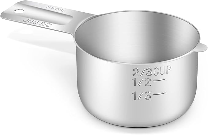 BERYLER 1PCS 2/3Cup (160ml, 5.3oz) Single Measuring Cup, Stainless Steel Measure Scoop, Metric and US Measurement, Dishwasher Safe