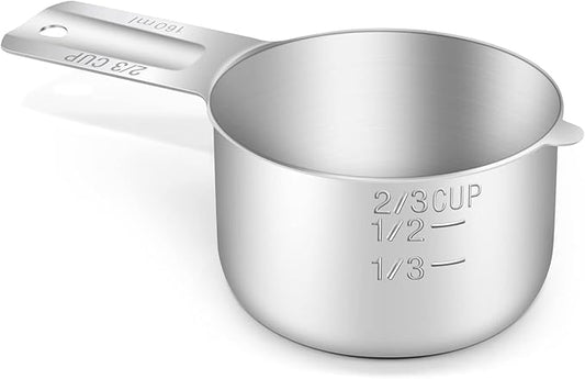 BERYLER 1PCS 2/3Cup (160ml, 5.3oz) Single Measuring Cup, Stainless Steel Measure Scoop, Metric and US Measurement, Dishwasher Safe